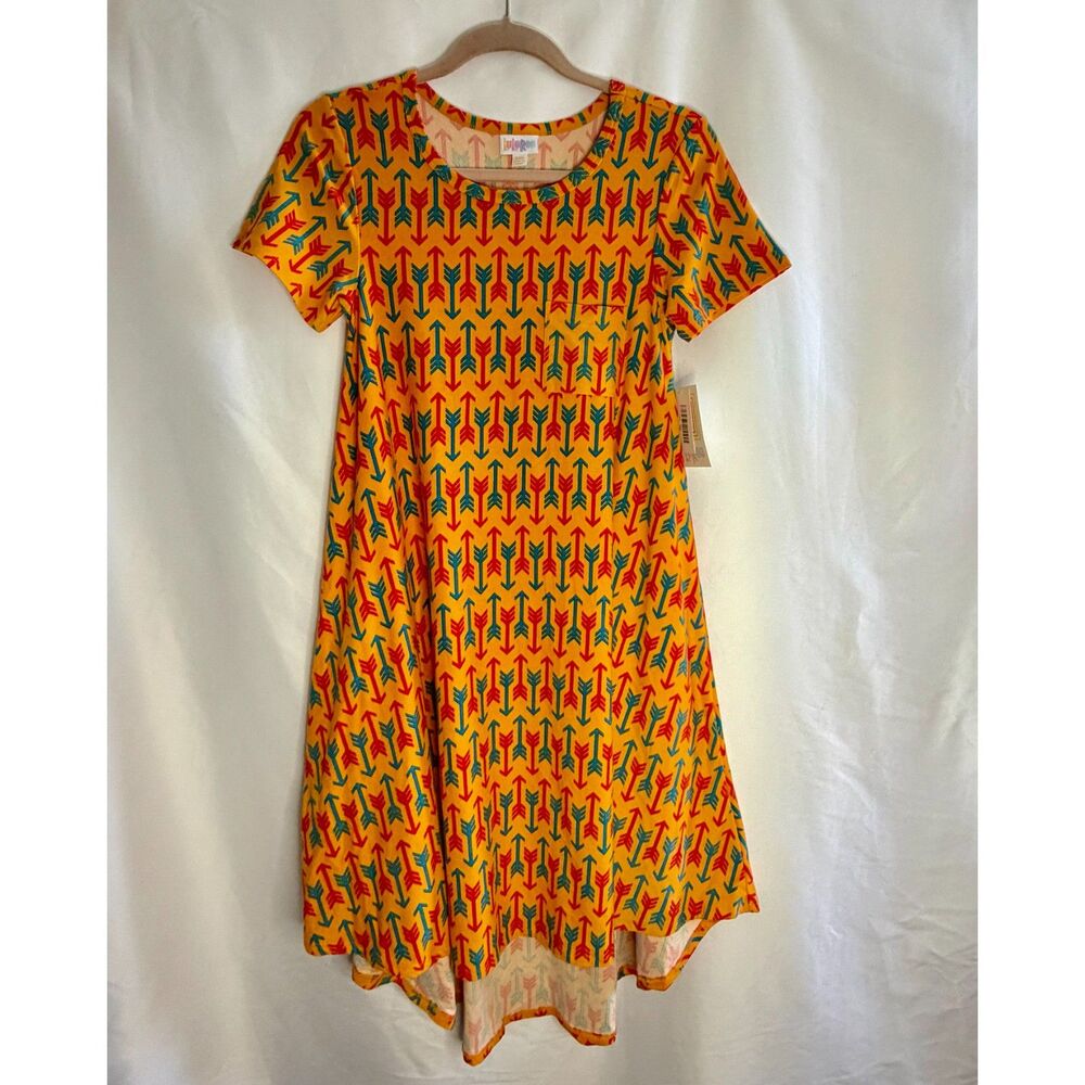 LuLaRoe yellow and orange Carly dress with repeating arrow pattern